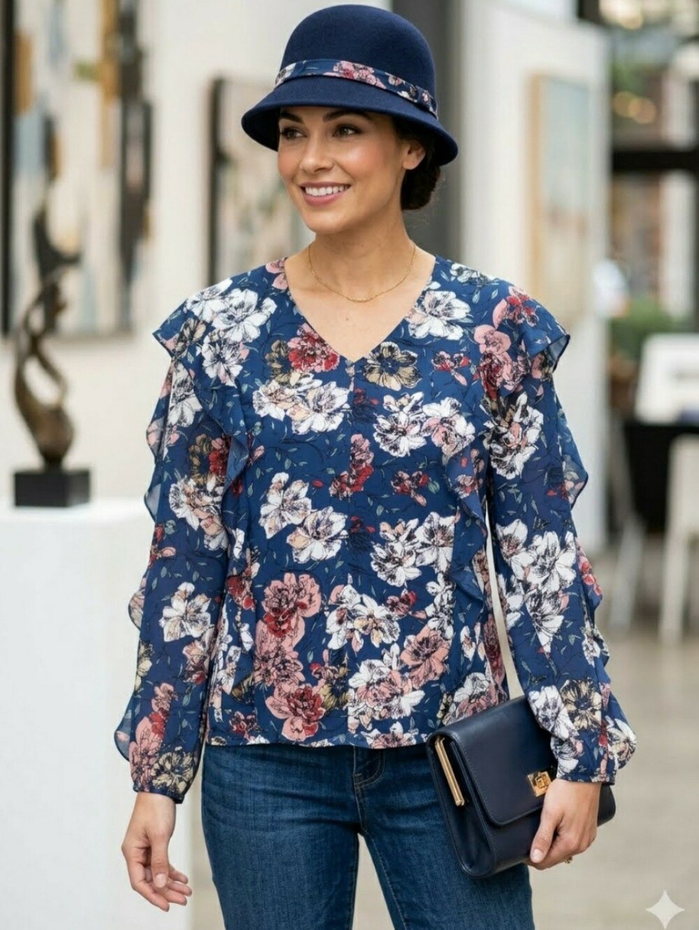 DownEast Navy Blue Garden Floral Top Blouse Ruffle Sleeve Boho Size L NWT